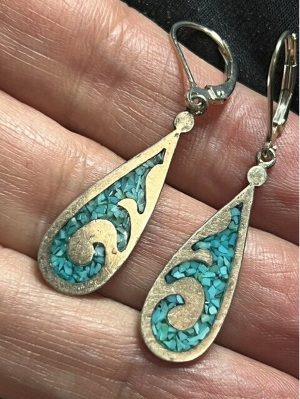 B7057 Sterling Silver Dangle Earrings Crushed Turquoise Inlay Leverback 1.75"